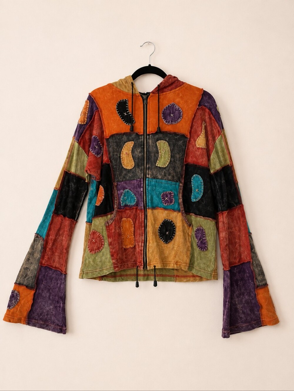 Colorful Boho Patchwork W/ Pixie-style Hood Zip-Up Sweater